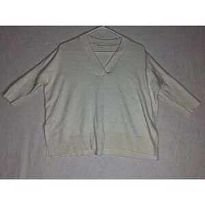 Womens Ivory Knit V-Neck Sweater Dolman Sleeve Rayon Blend Lightweight Pullover